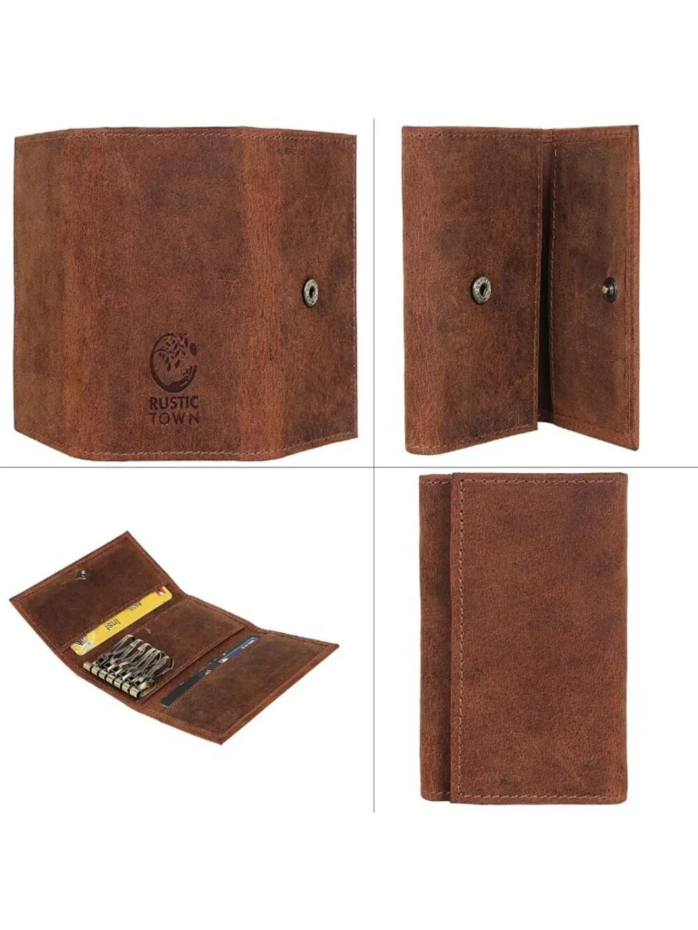 Leather Key Holder Organizer - Slim Wallet Pouch for 6 Keys & 3 Cards